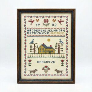 Framed Art Cross Stitch Embroidery Sampler Vintage ABC Alphabet Finished 1980s